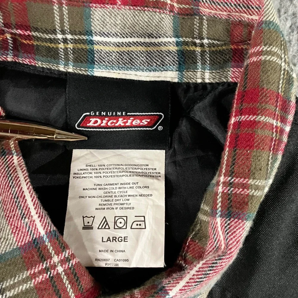 Dickies Flannel Shirt Shacket Jacket Men L Red Plaid Quilted Nylon Yoke Workwear